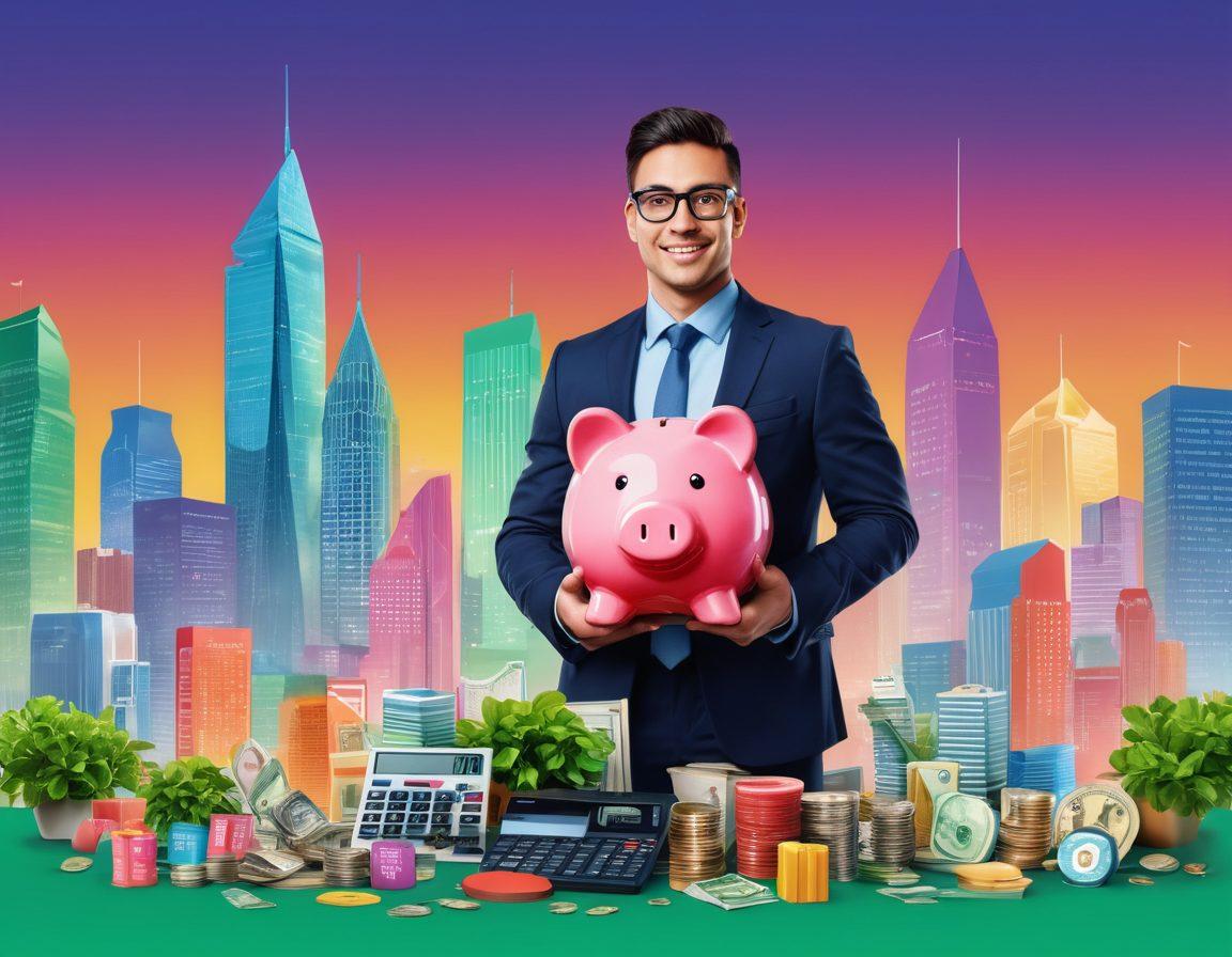 A dynamic scene illustrating a confident individual surrounded by financial tools such as calculators, graphs, and books, symbolizing mastering financial literacy. Incorporate visual elements representing smart money management, like a growing plant symbolizing investment, a piggy bank, and digital devices showcasing financial apps. The background should feature a skyline, blending urban lifestyle with financial growth. bright colors. modern infographic style.