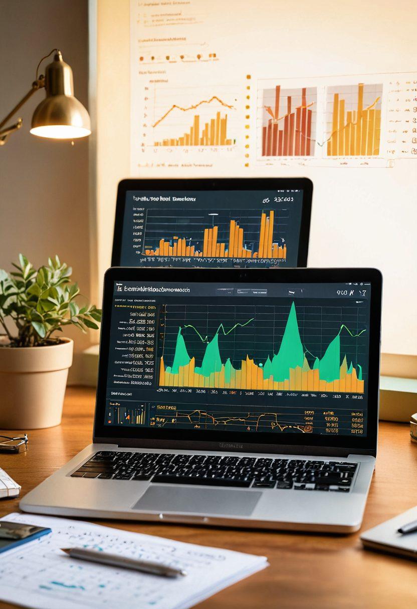 A split-screen image showcasing budgeting on one side with a notepad, calculator, and graphs, and investing on the other side featuring stocks, a laptop, and coins. In the center, a lightbulb symbolizes financial enlightenment with a path leading to success. The color scheme is warm and inviting, incorporating greens and golds to represent money and growth. super-realistic. vibrant colors.