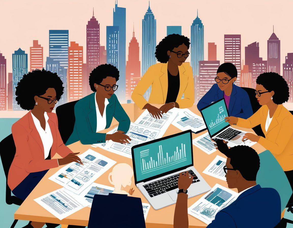 An artistic representation of a diverse group of people gathered around a large table covered with financial documents, calculators, and laptops, looking engaged and inspired, with a backdrop of a city skyline. Incorporate images of graphs and dollar signs around them to symbolize financial growth and planning. The scene should convey a sense of collaboration and empowerment in managing finances. vibrant colors. modern illustration.